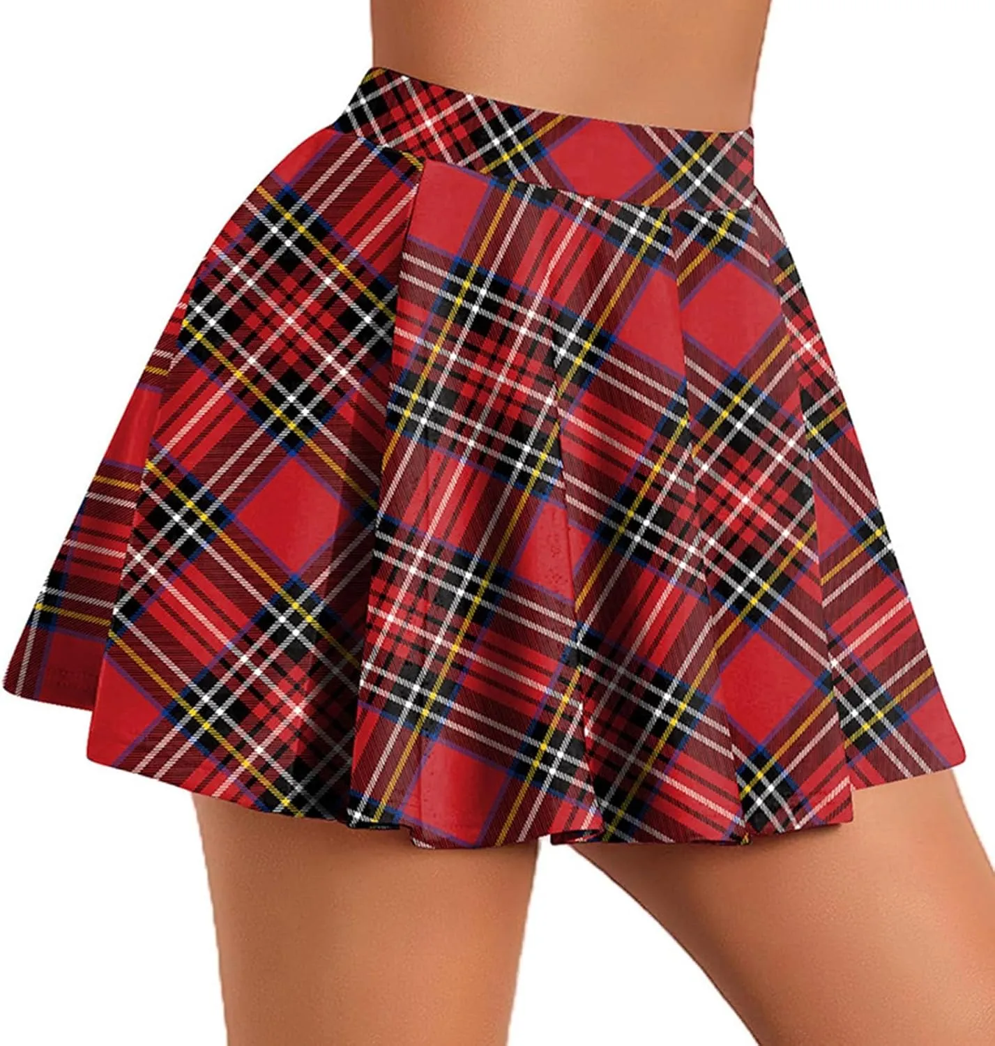Women Plaid Mini Skirts Vintage High Waisted Pleated Skirt Elastic Stretchy A Line Skirts Tartan Skirt