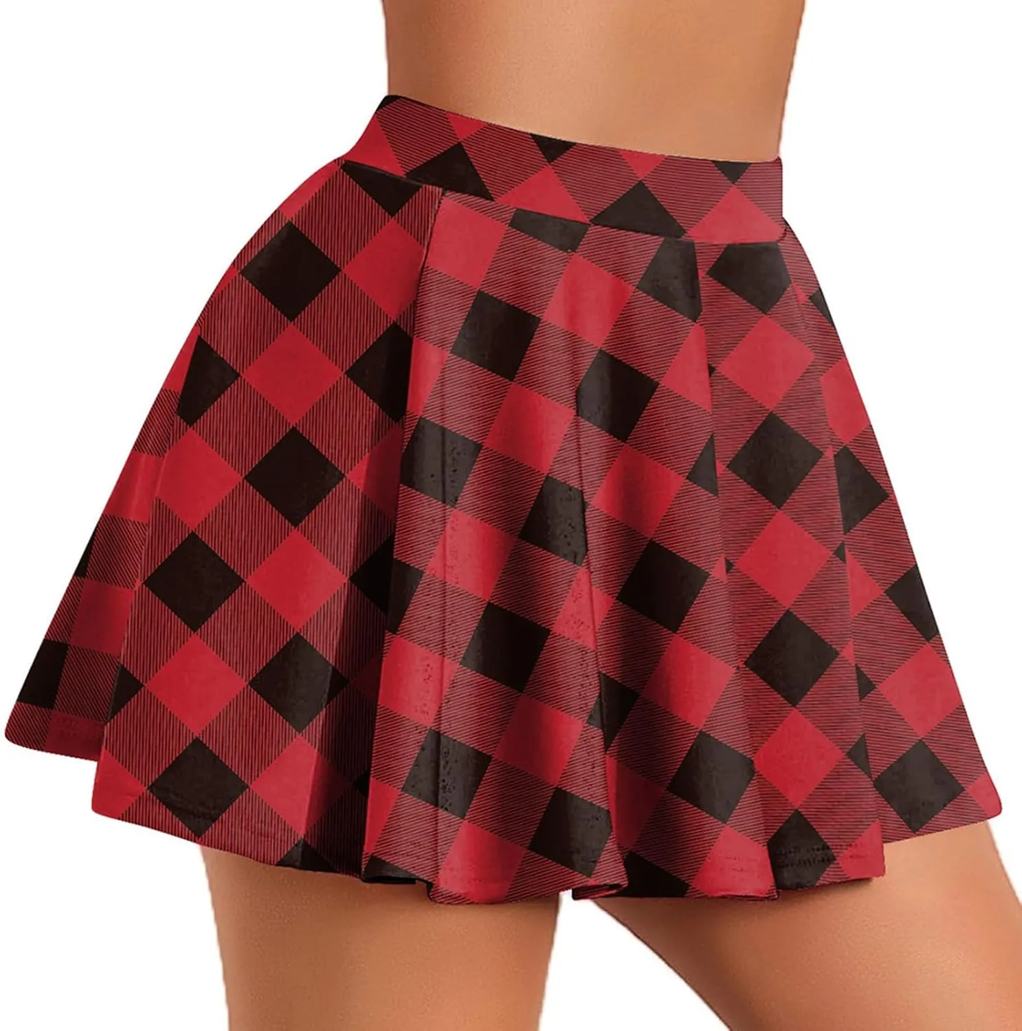 Women Plaid Mini Skirts Vintage High Waisted Pleated Skirt Elastic Stretchy A Line Skirts Tartan Skirt