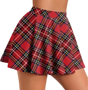 Women Plaid Mini Skirts Vintage High Waisted Pleated Skirt Elastic Stretchy A Line Skirts Tartan Skirt