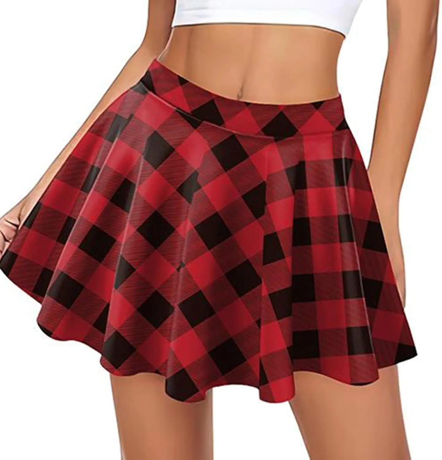 Women Plaid Mini Skirts Vintage High Waisted Pleated Skirt Elastic Stretchy A Line Skirts Tartan Skirt