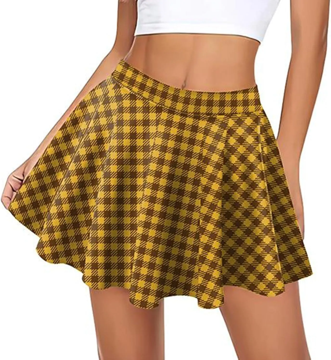 Women Plaid Mini Skirts Vintage High Waisted Pleated Skirt Elastic Stretchy A Line Skirts Tartan Skirt