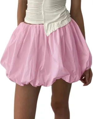 Women Pleated Bubble Mini Skirt Y2k Ruffle Hem Elastic Waist Puffy Short Skirt Tee Girls Cute Aline Balloon Skirt