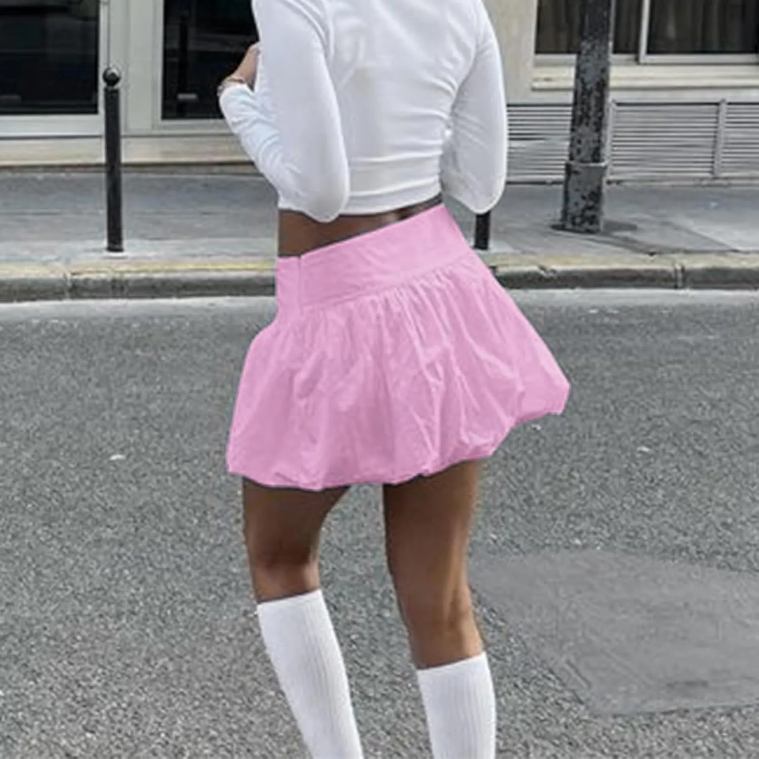 Women Pleated Bubble Mini Skirt Y2k Ruffle Hem Elastic Waist Puffy Short Skirt Tee Girls Cute Aline Balloon Skirt