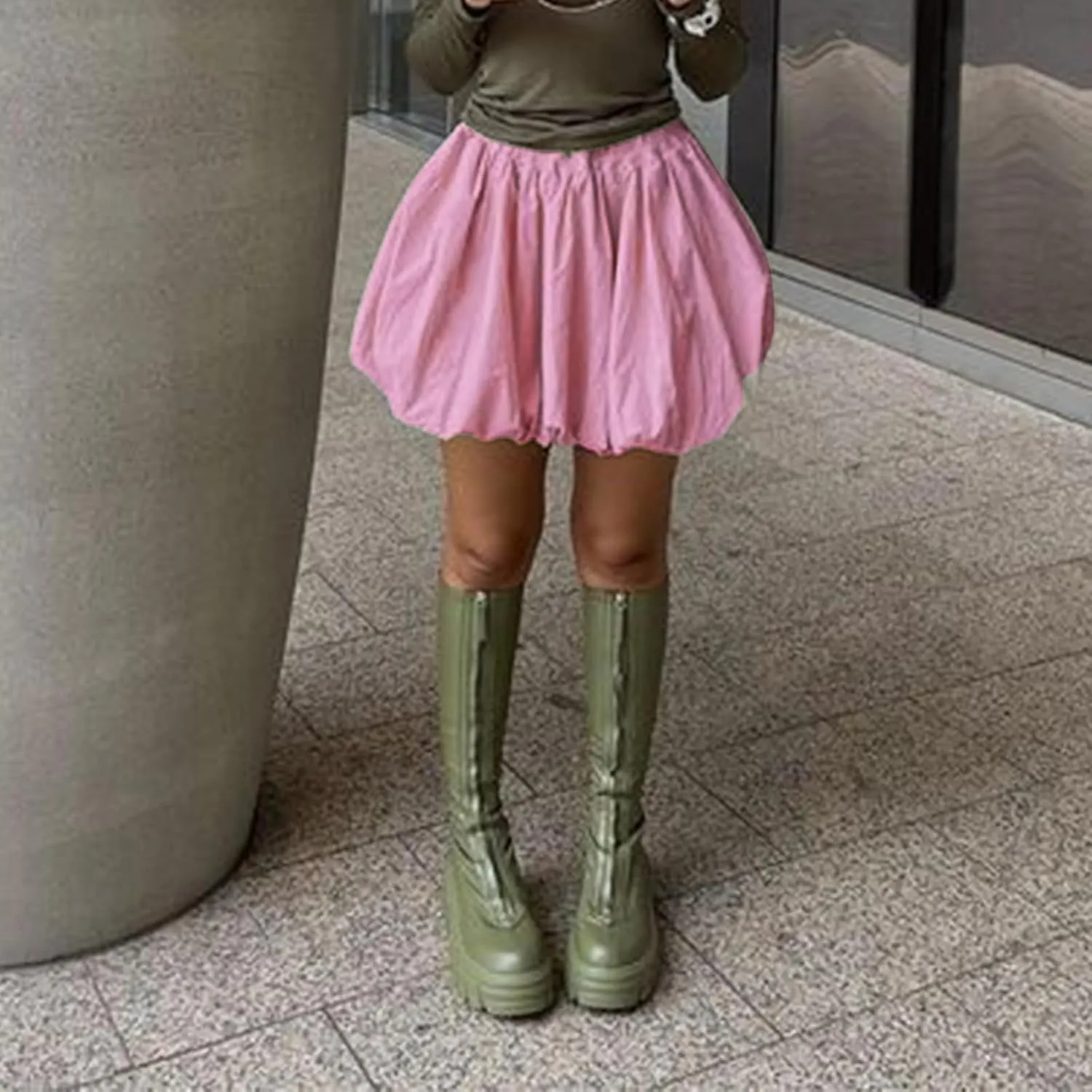 Women Pleated Bubble Mini Skirt Y2k Ruffle Hem Elastic Waist Puffy Short Skirt Tee Girls Cute Aline Balloon Skirt