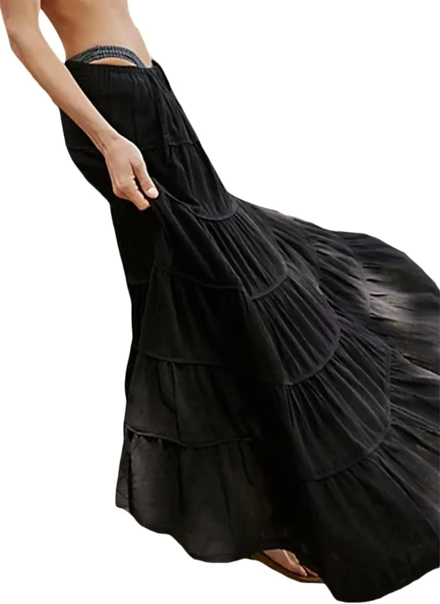 Women Ruffle A Line Long Skirt Casual High Waist Tiered Pleated Maxi Skirt Flowy Boho Skirt Trendy Midi Skirt