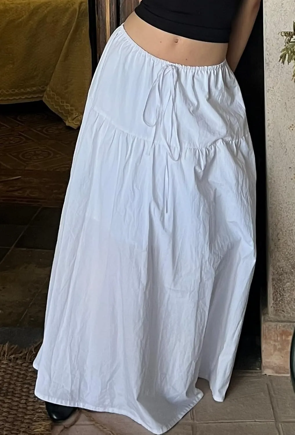 Women Ruffle A Line Long Skirt Casual High Waist Tiered Pleated Maxi Skirt Flowy Boho Skirt Trendy Midi Skirt