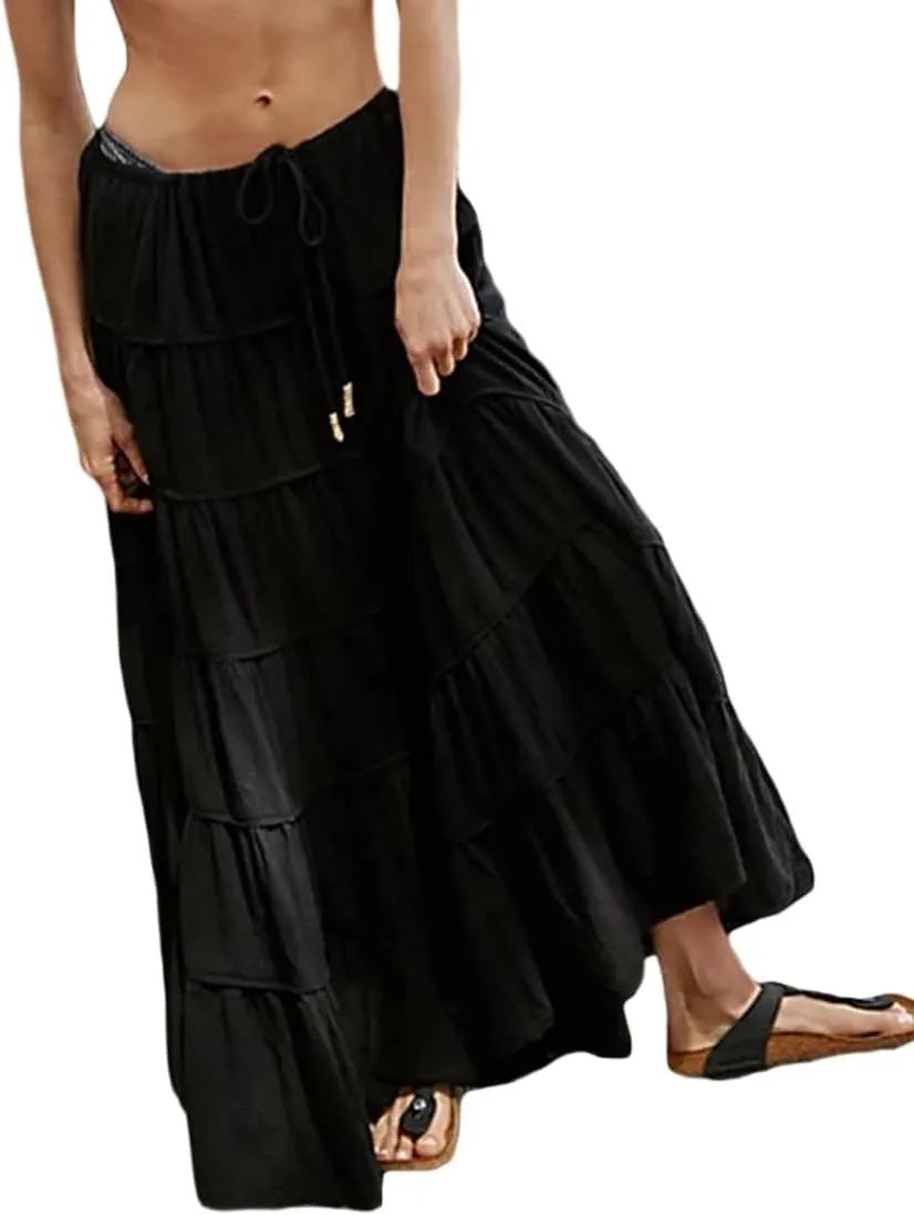 Women Ruffle A Line Long Skirt Casual High Waist Tiered Pleated Maxi Skirt Flowy Boho Skirt Trendy Midi Skirt