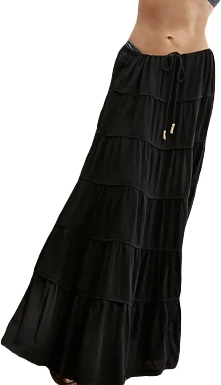 Women Ruffle A Line Long Skirt Casual High Waist Tiered Pleated Maxi Skirt Flowy Boho Skirt Trendy Midi Skirt