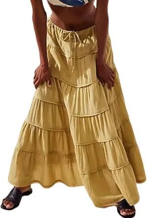 Women Ruffle A Line Long Skirt Casual High Waist Tiered Pleated Maxi Skirt Flowy Boho Skirt Trendy Midi Skirt