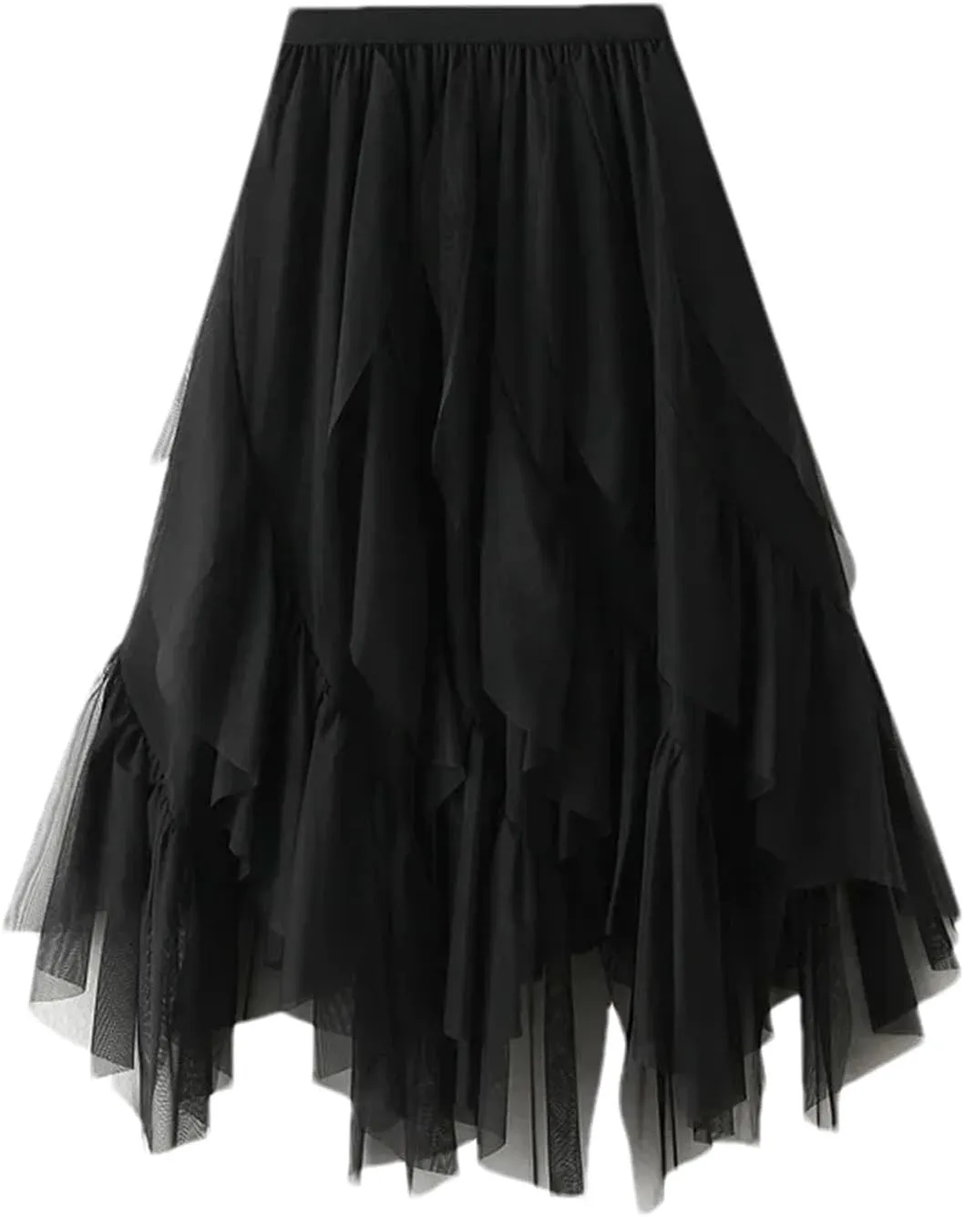 Women Ruffles Elastic Waist Tulle Skirt Irregular High Waist Midi A Line Skirt