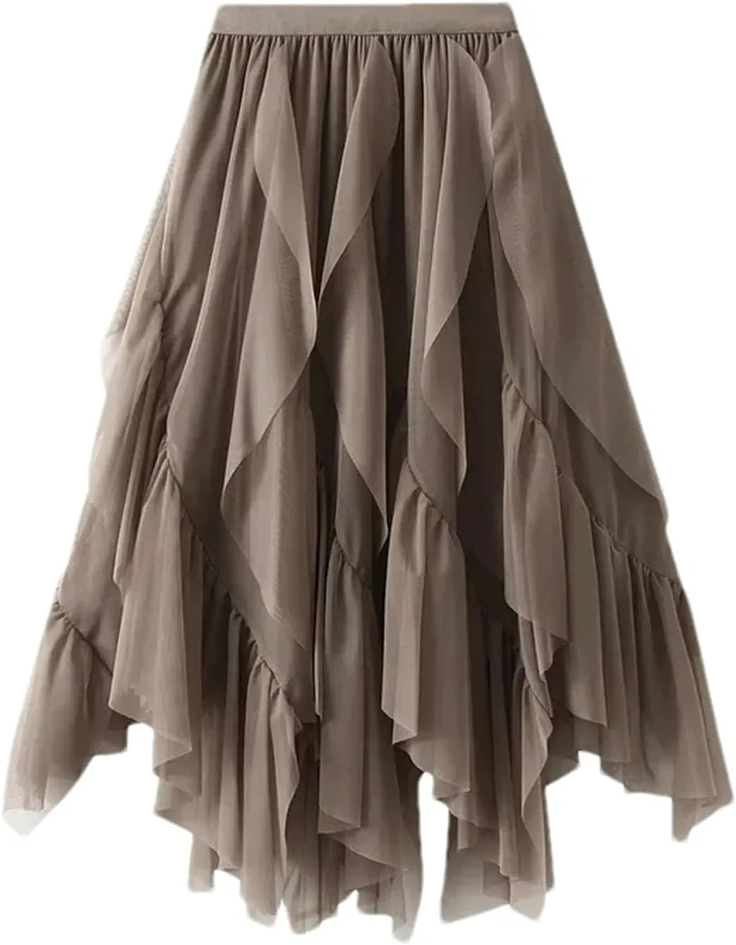 Women Ruffles Elastic Waist Tulle Skirt Irregular High Waist Midi A Line Skirt