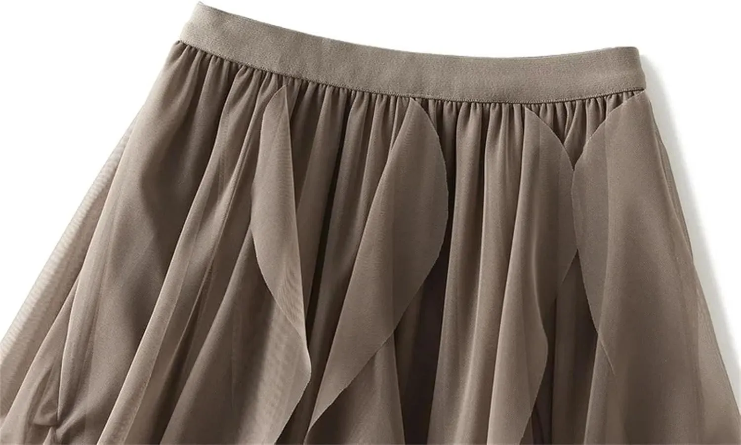 Women Ruffles Elastic Waist Tulle Skirt Irregular High Waist Midi A Line Skirt