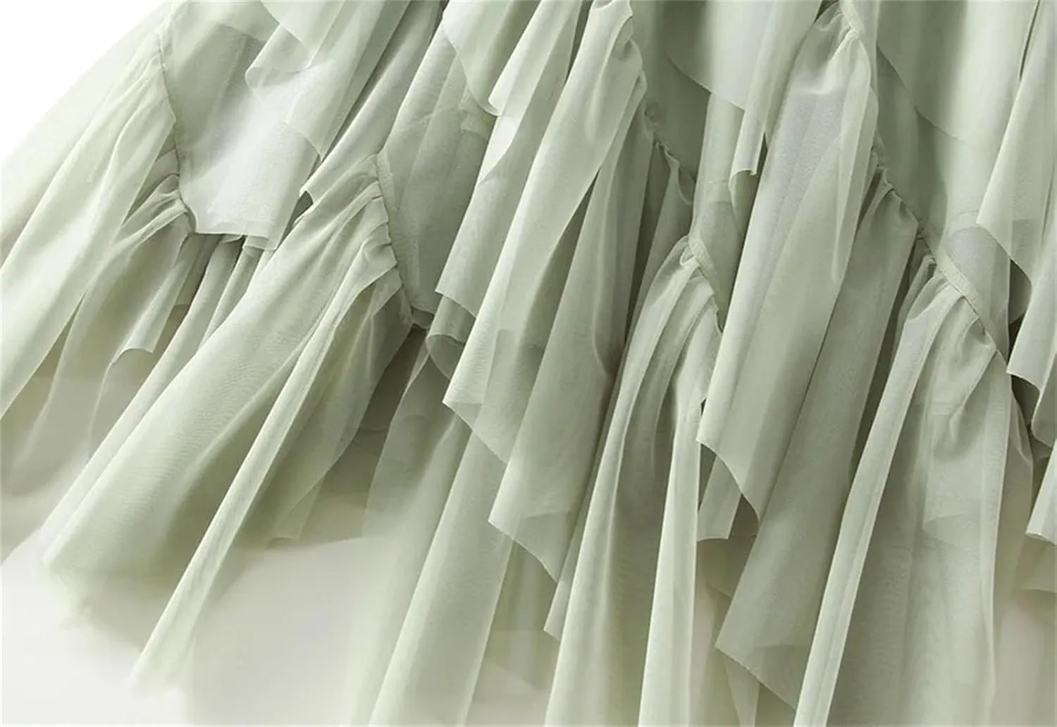 Women Ruffles Elastic Waist Tulle Skirt Irregular High Waist Midi A Line Skirt