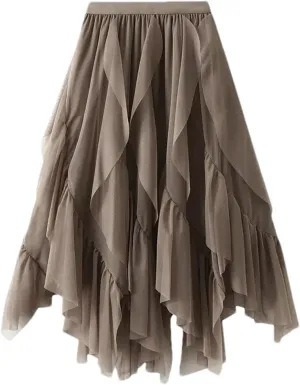 Women Ruffles Elastic Waist Tulle Skirt Irregular High Waist Midi A Line Skirt