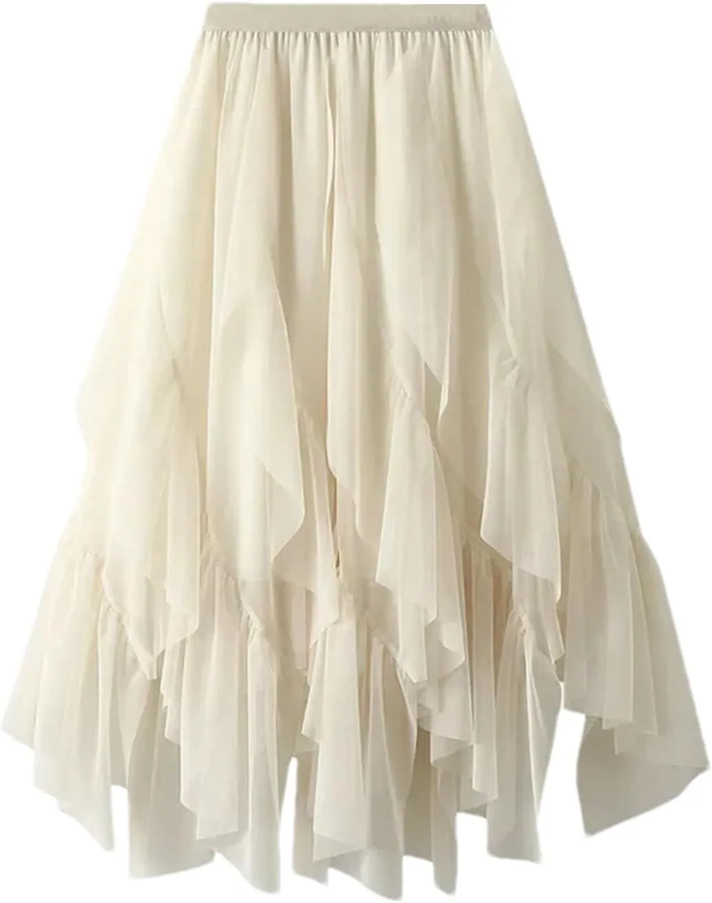 Women Ruffles Elastic Waist Tulle Skirt Irregular High Waist Midi A Line Skirt