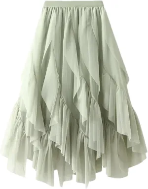 Women Ruffles Elastic Waist Tulle Skirt Irregular High Waist Midi A Line Skirt