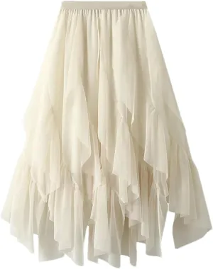 Women Ruffles Elastic Waist Tulle Skirt Irregular High Waist Midi A Line Skirt