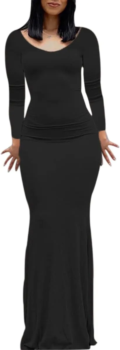 Women Sexy Bodycon Maxi Dress Sleeveless Solid Color Slip Dress Elegant Long Cami Dresses Evening Party