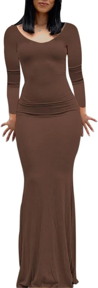 Women Sexy Bodycon Maxi Dress Sleeveless Solid Color Slip Dress Elegant Long Cami Dresses Evening Party