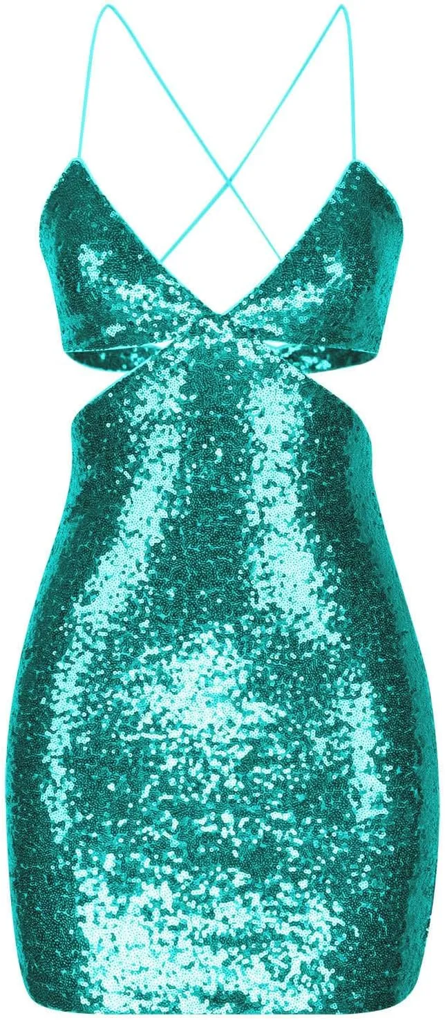 Women Sexy Sequin Mini Dress Cut Out Backless Bodycon Dresses Cocktail Party Evening Gown Sparkly Glitter Clothes
