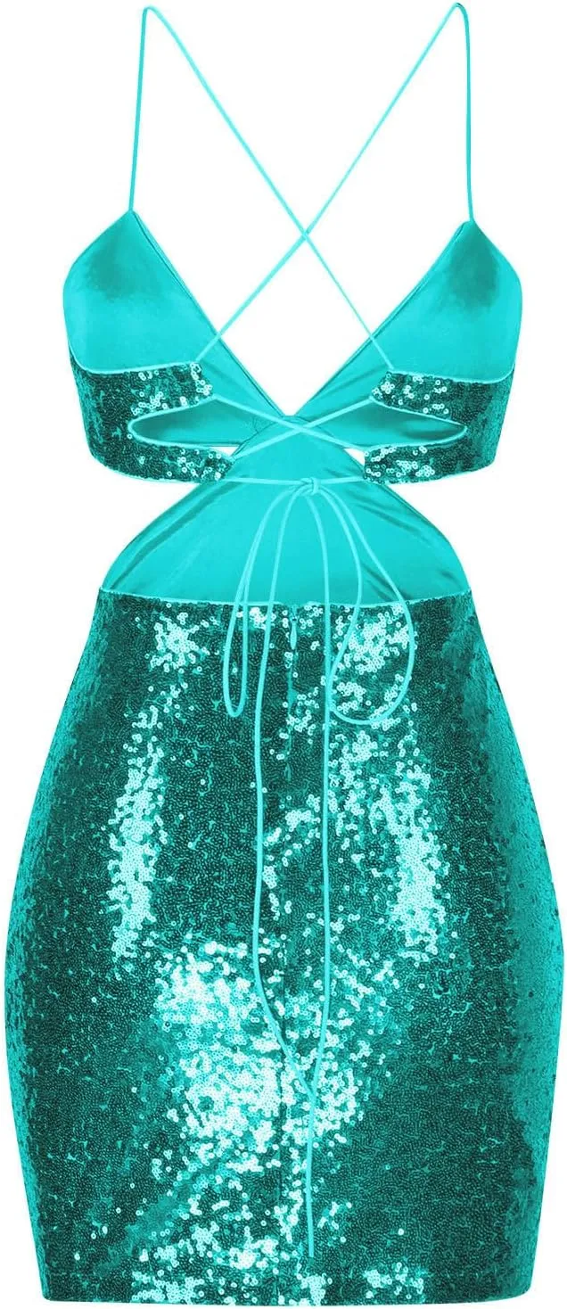 Women Sexy Sequin Mini Dress Cut Out Backless Bodycon Dresses Cocktail Party Evening Gown Sparkly Glitter Clothes