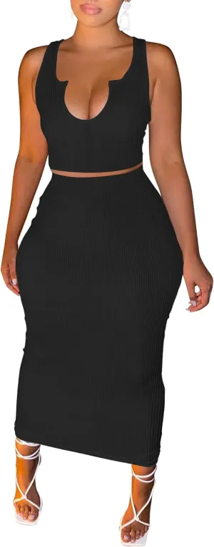 Women Sexy Two Piece Skirt Outfits Long Sleeve/Sleeveless V Neck Bodycon Ribbed Knitted Maxi Club Party Dress