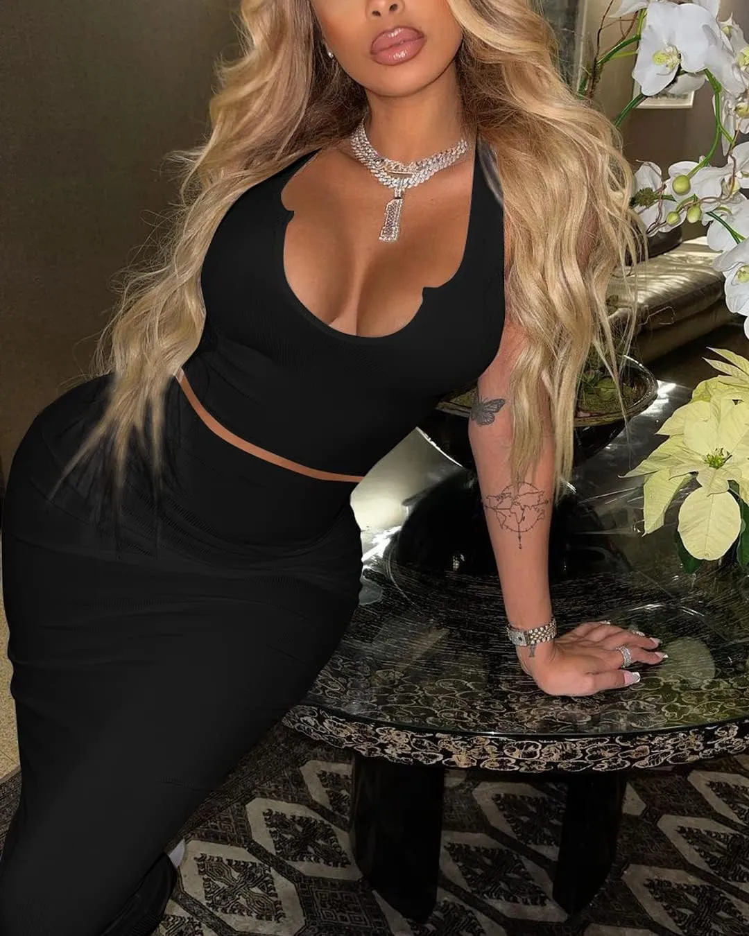 Women Sexy Two Piece Skirt Outfits Long Sleeve/Sleeveless V Neck Bodycon Ribbed Knitted Maxi Club Party Dress