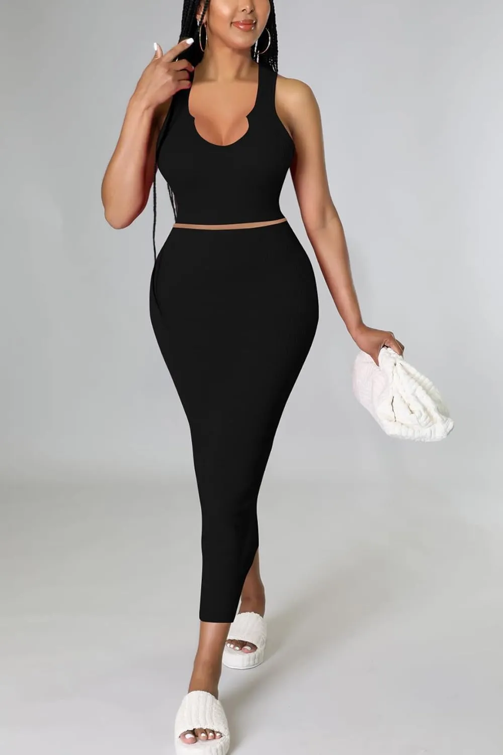 Women Sexy Two Piece Skirt Outfits Long Sleeve/Sleeveless V Neck Bodycon Ribbed Knitted Maxi Club Party Dress