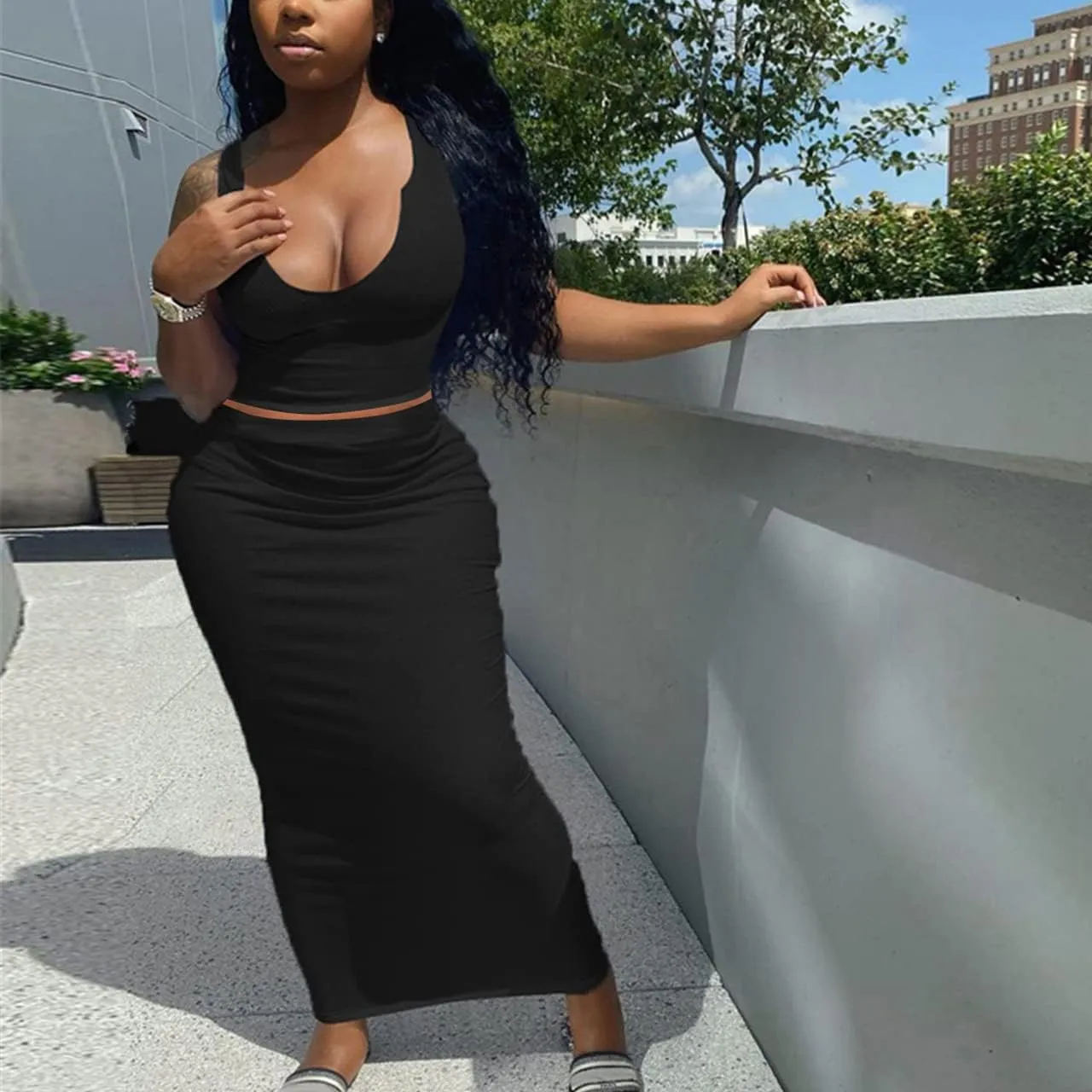 Women Sexy Two Piece Skirt Outfits Long Sleeve/Sleeveless V Neck Bodycon Ribbed Knitted Maxi Club Party Dress