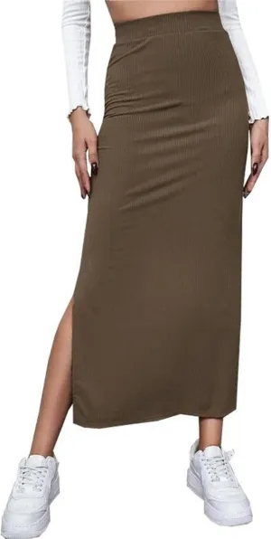 Women Side Split Bodycon Skirt Ribbed Knit Stretch Long Pencil Skirt 2025 Trendy Dressy Work Office Maxi Skirt