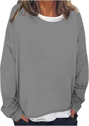 Women Spring Fashion Pullover 2 in 1 Tops Long Sleeve Oversized Blouses Tops Casual Crewneck Tees Loose Shirts