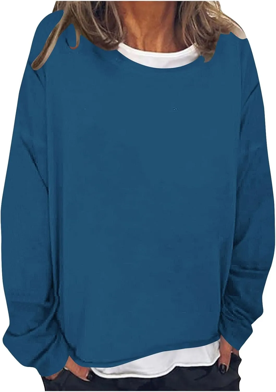 Women Spring Fashion Pullover 2 in 1 Tops Long Sleeve Oversized Blouses Tops Casual Crewneck Tees Loose Shirts