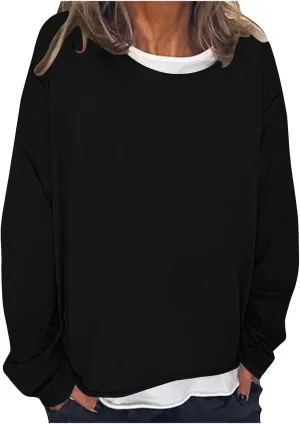 Women Spring Fashion Pullover 2 in 1 Tops Long Sleeve Oversized Blouses Tops Casual Crewneck Tees Loose Shirts