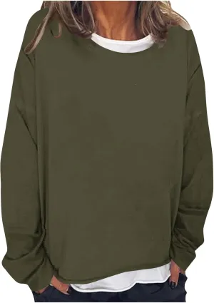 Women Spring Fashion Pullover 2 in 1 Tops Long Sleeve Oversized Blouses Tops Casual Crewneck Tees Loose Shirts