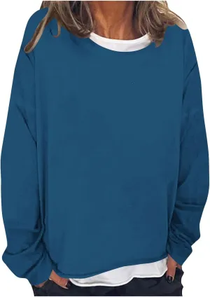 Women Spring Fashion Pullover 2 in 1 Tops Long Sleeve Oversized Blouses Tops Casual Crewneck Tees Loose Shirts