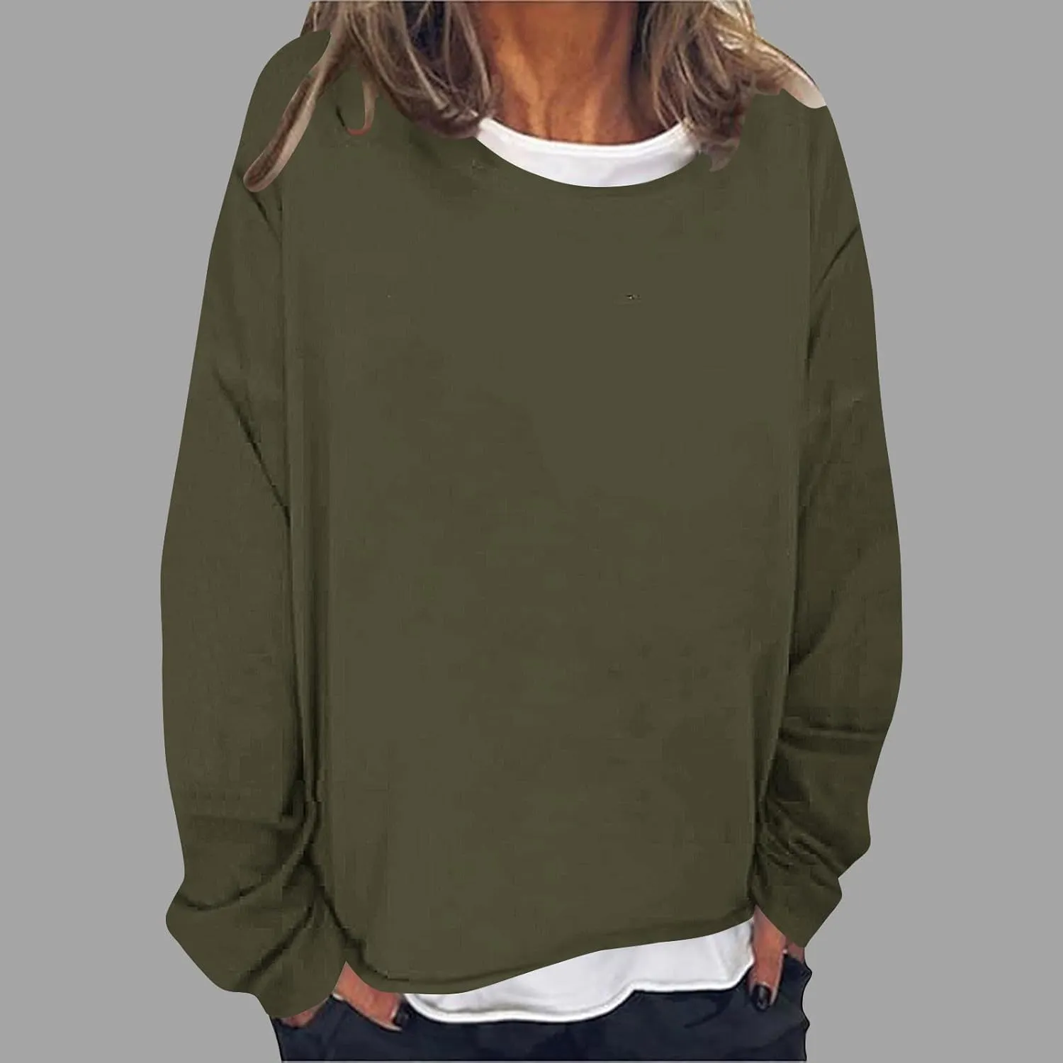 Women Spring Fashion Pullover 2 in 1 Tops Long Sleeve Oversized Blouses Tops Casual Crewneck Tees Loose Shirts