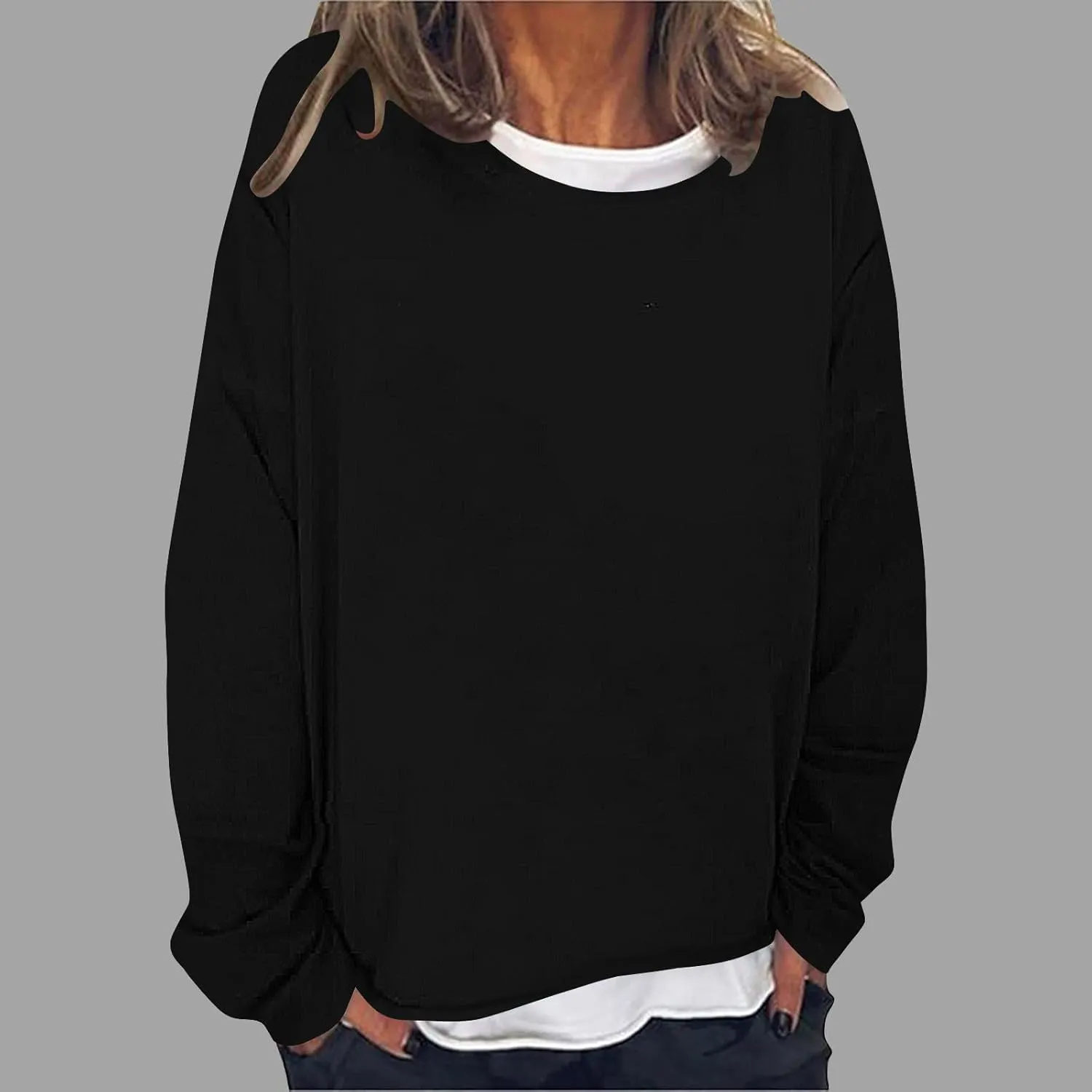 Women Spring Fashion Pullover 2 in 1 Tops Long Sleeve Oversized Blouses Tops Casual Crewneck Tees Loose Shirts