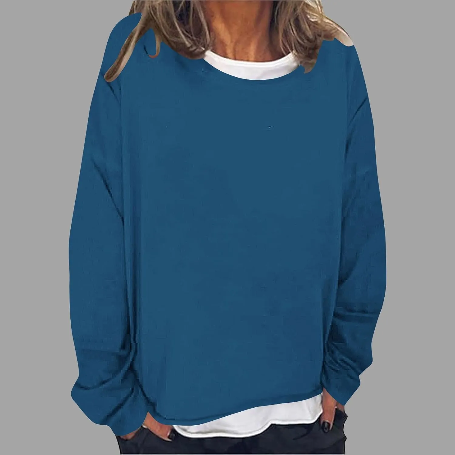 Women Spring Fashion Pullover 2 in 1 Tops Long Sleeve Oversized Blouses Tops Casual Crewneck Tees Loose Shirts