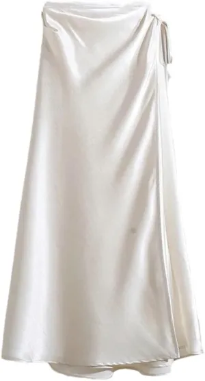 Women Spring Summer Elegant Long Skirts Lace-Up Satin A-Line Skirt with Slit