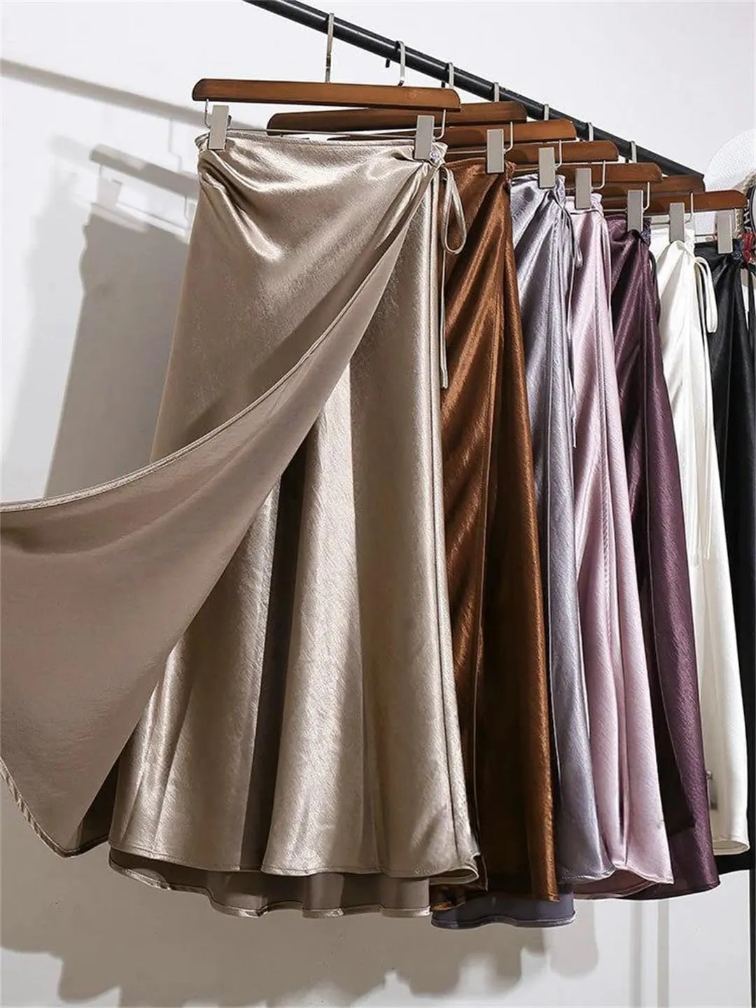 Women Spring Summer Elegant Long Skirts Lace-Up Satin A-Line Skirt with Slit