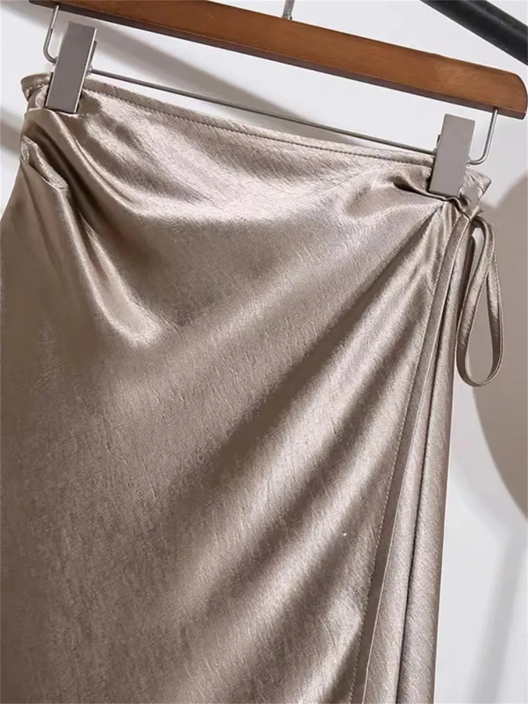 Women Spring Summer Elegant Long Skirts Lace-Up Satin A-Line Skirt with Slit