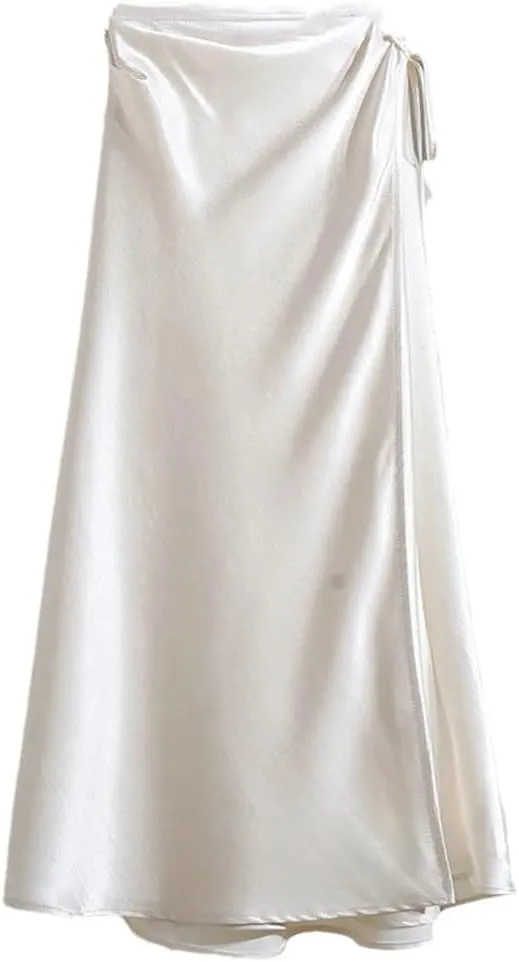 Women Spring Summer Elegant Long Skirts Lace-Up Satin A-Line Skirt with Slit