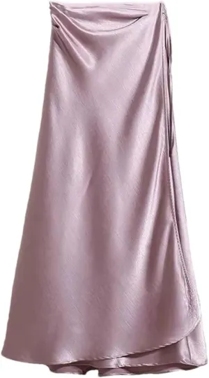 Women Spring Summer Elegant Long Skirts Lace-Up Satin A-Line Skirt with Slit