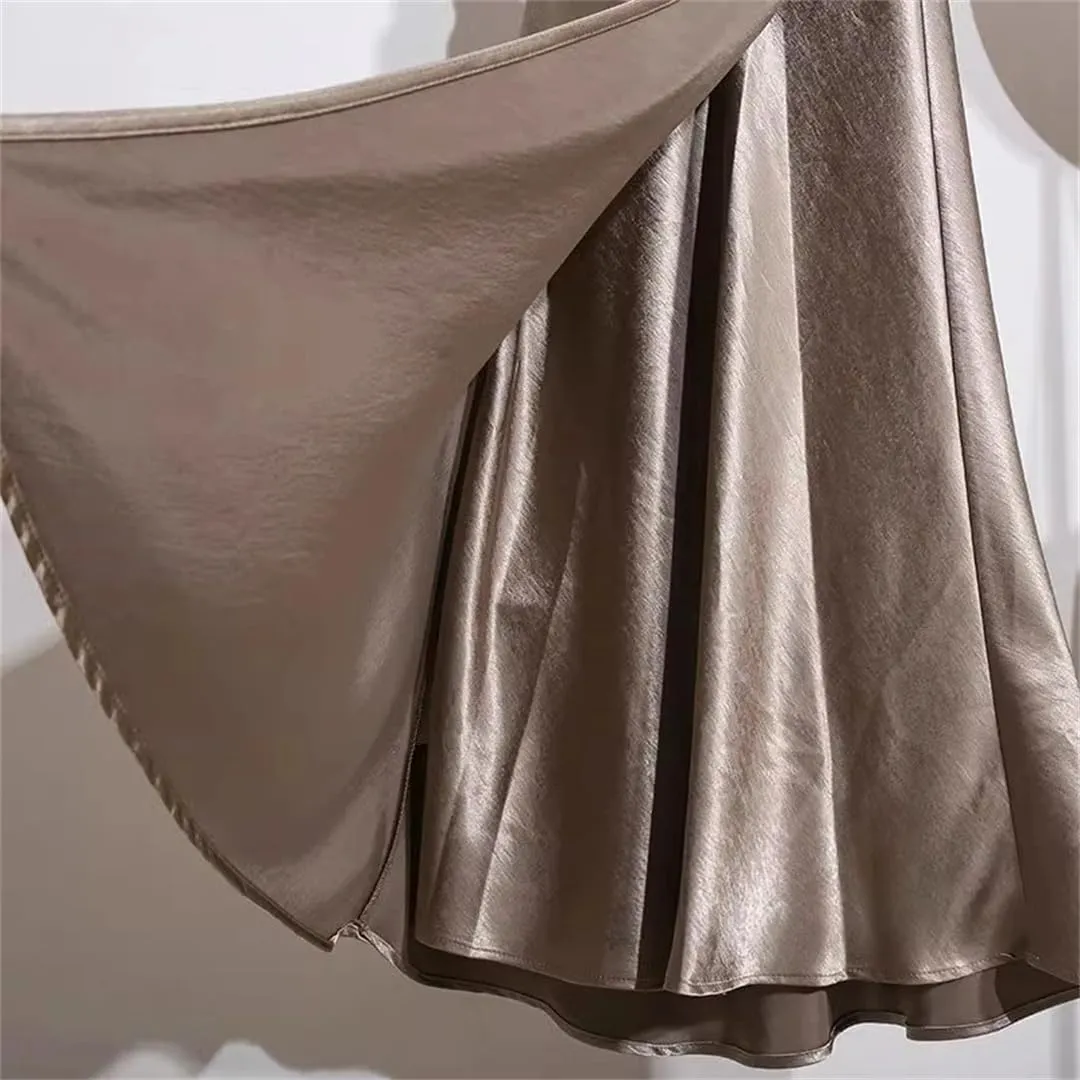 Women Spring Summer Elegant Long Skirts Lace-Up Satin A-Line Skirt with Slit