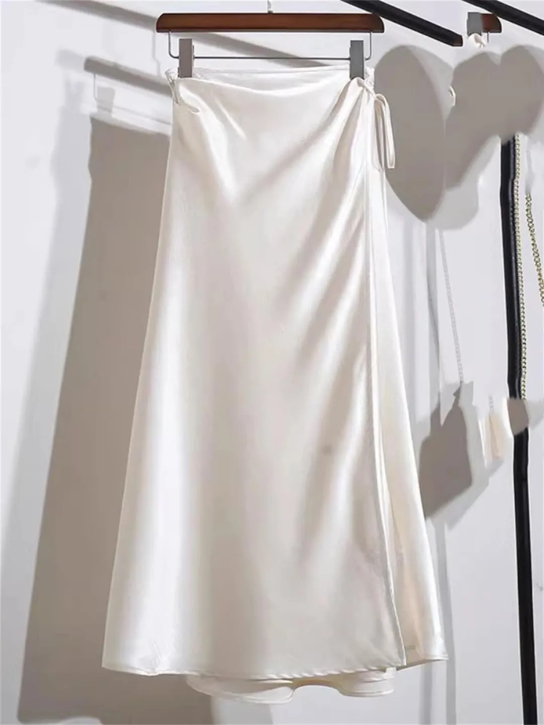 Women Spring Summer Elegant Long Skirts Lace-Up Satin A-Line Skirt with Slit