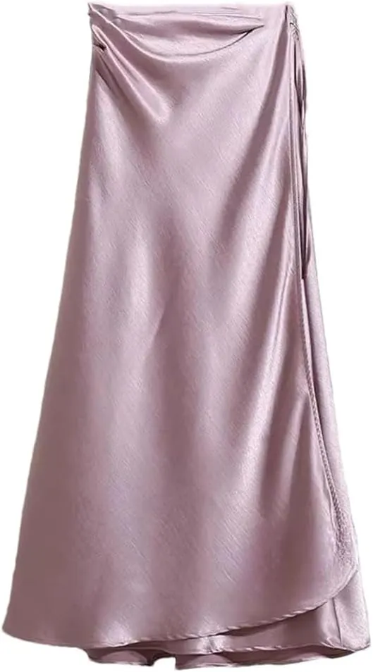 Women Spring Summer Elegant Long Skirts Lace-Up Satin A-Line Skirt with Slit