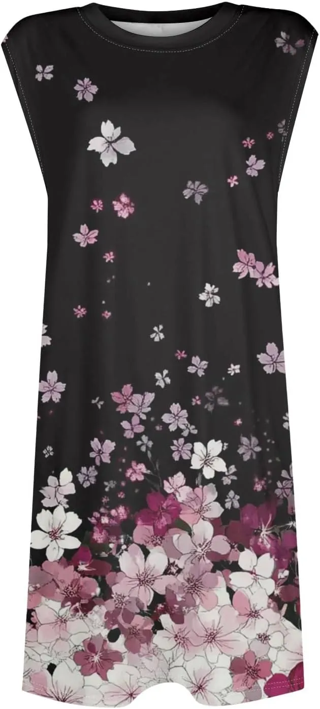 Women Summer Dresses Floral Sleeveless T Shirt Dresses Round Neck Casual Tank Dress Loose Beach Sundresses with Pockets