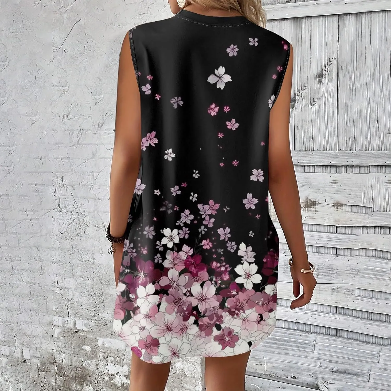 Women Summer Dresses Floral Sleeveless T Shirt Dresses Round Neck Casual Tank Dress Loose Beach Sundresses with Pockets