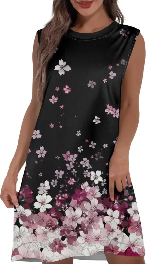 Women Summer Dresses Floral Sleeveless T Shirt Dresses Round Neck Casual Tank Dress Loose Beach Sundresses with Pockets
