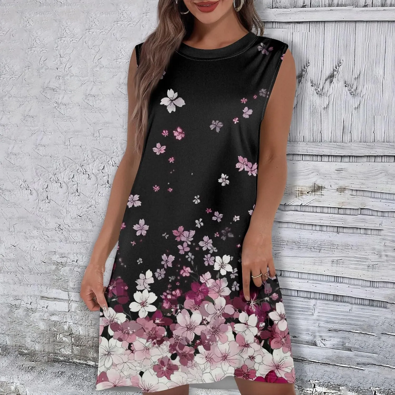 Women Summer Dresses Floral Sleeveless T Shirt Dresses Round Neck Casual Tank Dress Loose Beach Sundresses with Pockets